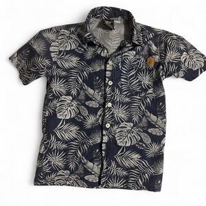 American Hawk Boys 5 Hawaiian Shirt Navy Blue Tropical Leaf Button Down Top